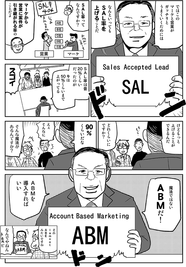 ではこのマーケと営業ががっちりとうまくいくためには、なんといってもSAL率を上げることだ。
SAL率ってなんですか？
マーケから営業に案件が引き継がれる率のことだよ。SAL率は昔20％ぐらいだったのが、今は50％ぐらいまで上がってる。
スゴイ！
けどもっと上げることができるんだ。
どれくらいにですか？
90％ぐらいだな。
えぇそんなに。
そんな魔法があるんですか？
魔法ではない。ABMだ。ABMを導入すればいい。
