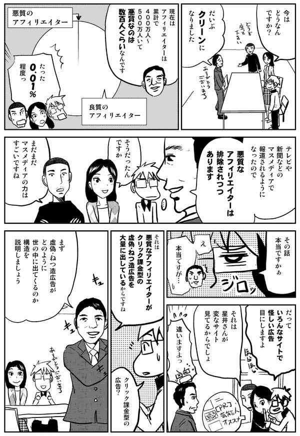 
今は
どうなん
ですか？

だいぶ
クリーンに
なりました

現在は
アフィリエイターは
累計で４００万人～
５００万人いて
その中で悪質なのは
数百人くらいなんです

悪質の
アフィリエイター

良質の
アフィリエイター

たった
０．０１％
程度っ

テレビや
新聞などの
マスメディアで
報道されるように
なったので

悪質な
アフィリエイターは
排除されつつ
あります

そうだったん
ですか

まだまだ
マスメディアの力は
すごいですね

その話
本当ですかぁ

え
本当ですが…

だって
いろんなサイトで
怪しい広告
目にしますよ

それは
星井さんが
変なサイト
見てるからでしょ

違いますよっ

それは
悪質なアフィリエイターが
クリック課金型の
虚偽・ねつ造広告を
大量に出しているから
ですね

クリック課金型の
広告？

まず
虚偽・ねつ造広告が
どのように
世の中に出てくるのか
構造を
説明しましょう
