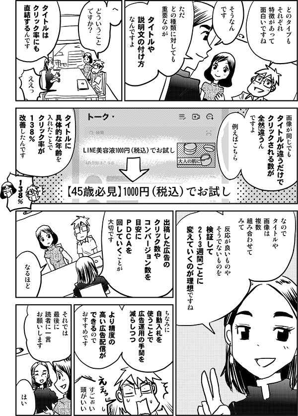 どのタイプも
それぞれ
特徴があって
面白いですね
そうなん
です
ただ
どの種類に対しても
重要なのが
タイトルや
説明文の付け方
なんですよ
へ
どういうこと
ですか？
タイトルは
クリック率に
直結するんです
ええっ
画像が同じでも
タイトルが違うだけで
クリックされる数が
全然違うん
ですよ
例えばこちら
LINE美容液を1000円（税込）でお試し
【45歳必見】1000円（税込）でお試し
タイトルに
具体的な年齢を
入れたことで
ＣＴＲが１３８％
改善したんです
１３８％
なので
タイトルや
画像は
複数組み合わせ
反応が良いものや
そうでないものを検証して
2～3週間ごとに
変えるのが理想ですね
出稿した広告の
クリック数や
コンバージョン数を目安に
ＰＤＣＡを
回していくことが
大切
なるほど
ちなみに自動入札を使うことで、
広告運用の手間を減らしつつ、より精度の高い広告配信ができるのがおすすめです
すごぉい　
頭がいい
それでは
最後に
読者に一言
お願いします
はい
