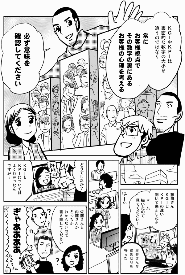 佐藤：	ＫＧＩやＫＰＩは
	表面的な数字の大小を
	追うのではなく

佐藤：	常に
	お客様視点で
	その数字の裏にあるお客様の心理を
	考える

佐藤：	必ず意味を
	確認してください

星井：	浜野さん
	ＫＧＩと
	ＫＰＩの違い
	聞いて来ましたよ

星井：	ネーム
	描いたので
	見てください！

四谷：	星井さんが
	締め切りを
	守った…

星井：	どうでしたか？

浜野：	ＫＧＩと
	ＫＰＩについては
	よくわかったん
	ですが…

浜野：	佐藤さんと
	内藤さんが
	どっちかわからないので
	書き直してください

星井：	ぎゃああああ

［終わり］
