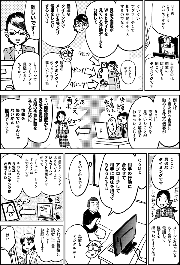 じゃあ
どうしたら
いいんですか？

大事なのは
恋愛の
駆け引きと同じで
タイミングです

ぐいぐいアプローチして
相手を動かそうとするのでなく
見込み個客がＷｅｂサイトを
見ている行動データを
分析して
最適なタイミングで
メールを送ったり
電話をしたりするんです

最適なタイミングって
めちゃくちゃ
難しいですよね

難しいです！

どうやって
タイミングを
見極めるんですか？

例えば
3月決算の企業に勤める
見込み個客が
9月に
商品ページを
見ていたことが
アクセス解析で
わかったとします

その閲覧履歴から
見込み個客は
来期の予算計画を
立てるために
情報を
集めているんじゃないかと
推測できます

ここが
最適なタイミングです
メールを送ったり
さり気なく電話して
様子を探ったりするんです

なるほど

相手の行動に
合わせてアプローチして
相手に興味を持って
もらうんですね

そのとおりです

恋愛も
デジタルか…

最適なタイミングを
逃さないように
ＭＡツールの
アラート機能などを使って

コミュニケーション
することが
大切なんです

そのためにも
良質な
Ｗｅｂコンテンツは
必須ですね

それでは最後に
読者に一言
よろしく
お願いします

はい
