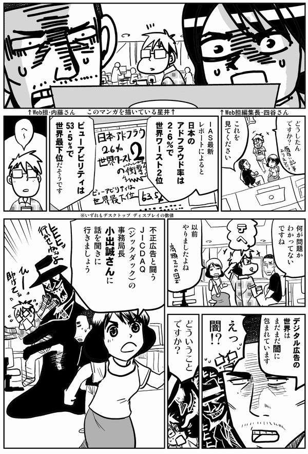 ↑Web担編集長・四谷さん このマンガを描いている星井↑ ↑Web担・内藤さん どうしたん ですか これを 見てください ＩＡＳ最新レポートによると 日本のアドフラウド率は２・６％で 世界ワースト2位 ビューアビリティは 53・５%で世界最下位だそうです ▼コマの下に ※いずれもデスクトップ ディスプレイの数値 ▲ へ～ 何が問題か わかってない ですね テヘ 以前 やりましたよね デジタル広告の 世界は まだまだ 闇に包まれています えっ 闇!? どういうこと ですか？ 不正広告と闘う ＪＩＣＤＡＱ （ジックダック）の 事務局長 小出誠さんに 話を聞きに 行きましょう