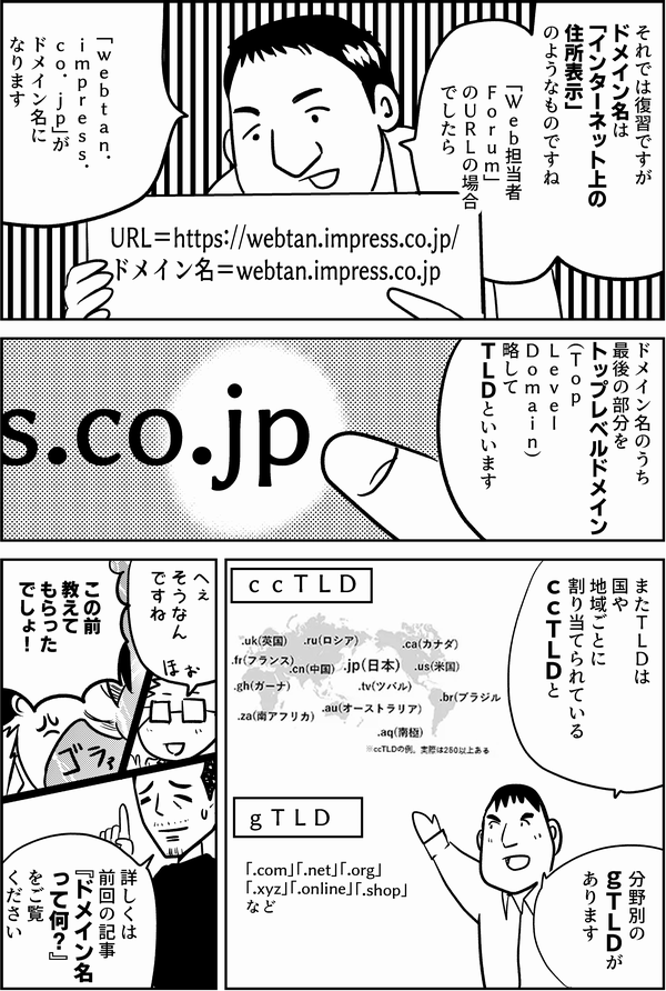 それでは復習ですが ドメイン名は 「インターネット上の 住所表示」 のようなものですね  「Ｗｅｂ担当者 Ｆｏｒｕｍ」 のＵＲＬの場合 でしたら  「ｗｅｂｔａｎ． ｉｍｐｒｅｓｓ． ｃｏ．ｊｐ」が ドメイン名に なります  URL＝https://webtan.impress.co.jp/ ドメイン名＝impress.co.jp  ドメイン名のうち 最後の部分を トップレベルドメイン （Ｔｏｐ　 Ｌｅｖｅｌ　 Ｄｏｍａｉｎ） 略してＴＬＤ といいます  impress.co.jp  またＴＬＤは 国や 地域ごとに 割り当てられている ｃｃＴＬＤと  分野別の ｇＴＬＤが あります  従来からあるgTLD 「.com」「.net」「.org」「.edu」「.gov」など 新しいgTLD 「.xyz」「.online」「.shop」「.top」「.site」など  へぇ そうなん ですね  この前 教えて もらった でしょ！  詳しくは 前回の記事 『ドメイン名 って何？』 をご覧 ください 