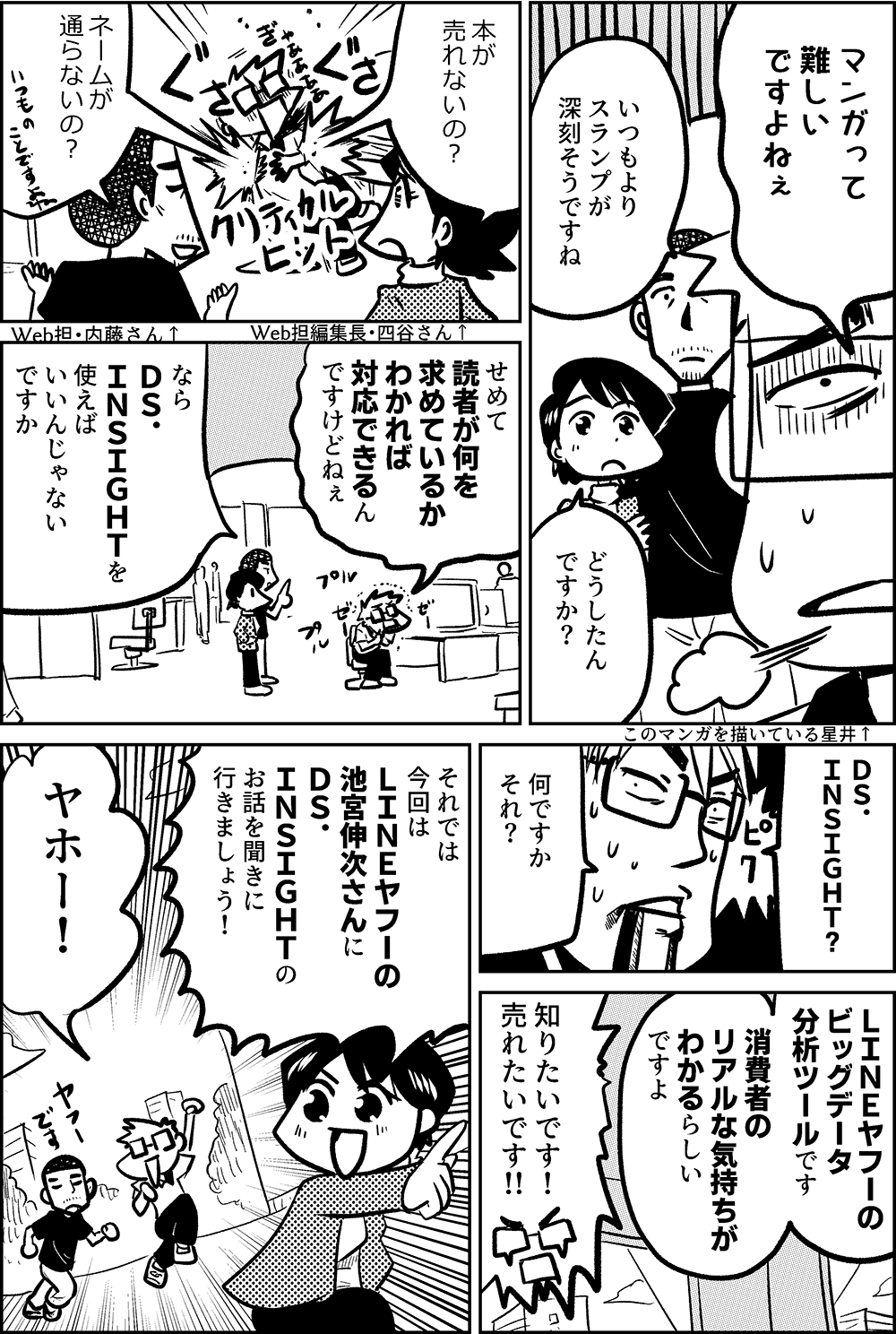 マンガって 難しい ですよねぇ  このマンガを描いている星井↑  いつもより スランプが 深刻そうですね  どうしたん ですか  本が 売れないの？  Web担編集長・四谷さん↑  ネームが 通らないの？  Web担・内藤さん↑  せめて 読者が何を 求めているか わかれば 対応できるん ですけどねぇ  なら ＤＳ． ＩＮＳＩＧＨＴを 使えば いいんじゃない ですか  ＤＳ． ＩＮＳＩＧＨＴ？  何ですか それ？  ヤフーの ビッグデータ 分析ツールです  消費者の リアルな気持ちが わかるらしい ですよ  知りたいです！ 売れたいです‼  それでは 今回は ＬＩＮＥヤフーの 池宮伸次さんに ＤＳ． ＩＮＳＩＧＨＴの お話を聞きに 行きましょう！   ヤホー！