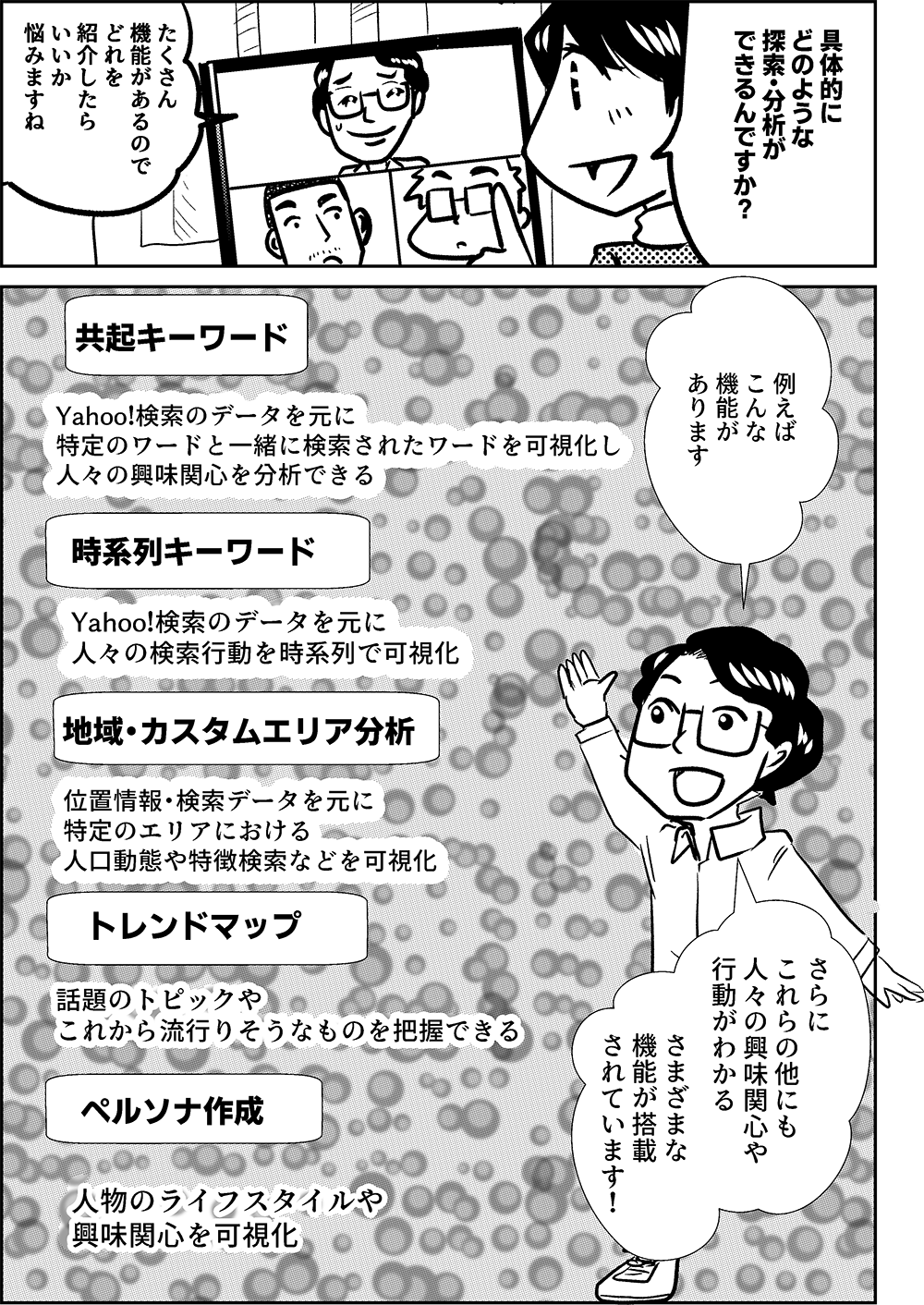 具体的に どのような 探索・分析が できるんですか？  はい  たくさん機能があるので どれを紹介したらいいか 悩みますね  例えばこんな機能があります さらにこれらの他にも 人々の興味関心や 行動がわかる 様々な機能が 搭載されています！  共起キーワード Yahoo!検索のデータを元に 特定のワードと一緒に検索されたワードを可視化し 人々の興味関心を分析できる  時系列キーワード Yahoo!検索のデータを元に 人々の検索行動を時系列で可視化  地域・カスタムエリア分析 位置情報・検索データを元に 特定のエリアにおける 人口動態や特徴検索などを可視化  トレンドマップ 話題のトピックや これから流行りそうなものを把握できる  ペルソナ作成 人物のライフスタイルや 興味関心を可視化