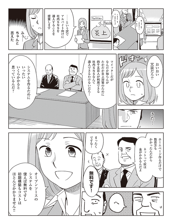 ―という訳でアルバイト向けに社内SNSを導入することを提案します
ふぅ…ちゃんと言えた
おいおい冗談だろ!?
きた…
ツイッターだがなんだか知らんがたかだか炎上対策のために四千五百人が利用できる社内SNSなんて導入できるわけないだろ！
システムを作るためにいったいいくらかかると思っているんだ？
ホームページ作るだけで数百万もかかったんだから
ネットって奴は金がかかるんだよ
まったくですな！
無料です！
へ
オープンソースのシステムを使えば無料ですし初期構築もコストはほとんどかかりません!!