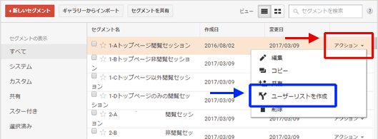 図4：Googleアナリティクスのセグメント機能からユーザーリストを作成