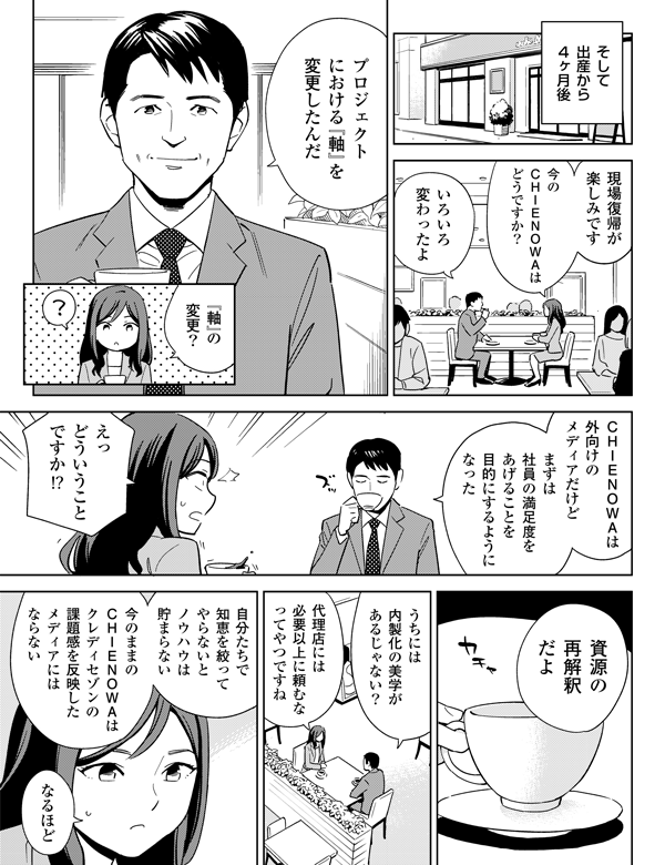 
そして出産から四ヶ月後
栗田：現場復帰が楽しみです。今のＣＨＩＥＮＯＷＡはどうですか？

相川：色々変わったよ。プロジェクトにおける『軸』を変更したんだ。

栗田：『軸』の変更？

相川：ＣＨＩＥＮＯＷＡは外向けのメディアだけど、まずは社員の満足度をあげることを目的にするようになった。

栗田：えっどういうことですか!?

相川：資源の再解釈だよ。うちには内製化の美学があるじゃない？

栗田：代理店には頼むなってやつですね

相川：自分たちで知恵を絞ってやらないとノウハウは貯まらない。今のままのＣＨＩＥＮＯＷＡはクレディセゾンの課題感を反映したメディアにはならない

栗田：なるほど
