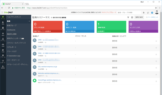 以後は、Site24x7にログインするとこのホーム画面が表示されるようになる