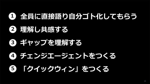 ＜コンプレイセンシー打破の5条件＞①全員に直接語り自分ゴト化してもらう ②理解し共感する ③ギャップを理解する ④チェンジエージェントをつくる ⑤「クイックウィン」をつくる