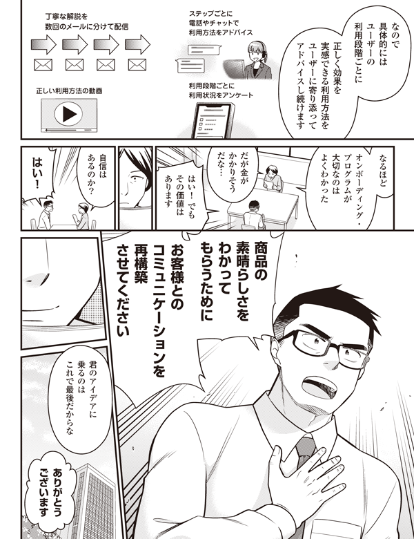 なので
具体的には
ユーザーの
利用段階ごとに
正しく効果を
実感できる利用方法を
ユーザーに寄り添って
アドバイスし続けます
ステップごとに
電話やチャットで
利用方法をアドバイス
利用段階ごとに
利用状況をアンケート
正しい利用方法の動画
丁寧な解説を
数回のメールに分けて配信
なるほど
オンボーディング・
プログラムが
大切なのは
よくわかった
だが金が
かかりそう
だな…
はい!でも
その価値は
あります
自信は
あるのか?
はい!
商品の
素晴らしさを
わかって
もらうために
お客様との
コミュニケーションを
再構築
させてください
君のアイデアに
乗るのは
これで最後だからな
ありがとう
ございます