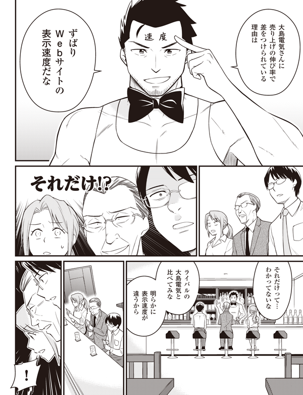 大島電気さんに
売り上げの伸び率で
差をつけられている
理由は
ずばり
Webサイトの
表示速度だな
それだけ!?
それだけって…
わかってないな
ライバルの
大島電気と
比べてみな
明らかに
表示速度が
違うから
!