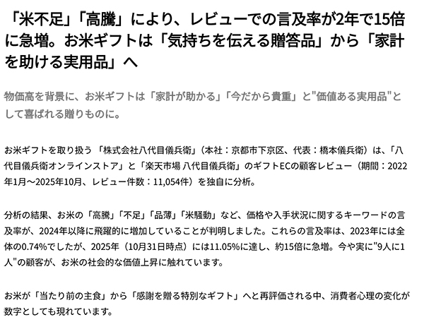 顧客アンケートを調査リリースとして公開し、「お米のプロ」としての権威性を発信