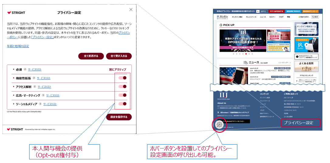 フッターのプライバシー設定から設定画面を開く“出さないバナー”