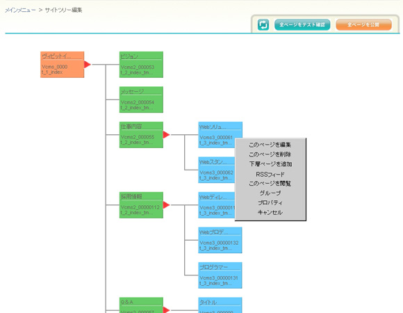 vibit ツリー状の管理画面からは、ページの追加や削除、テンプレート設定などが簡単にできる。