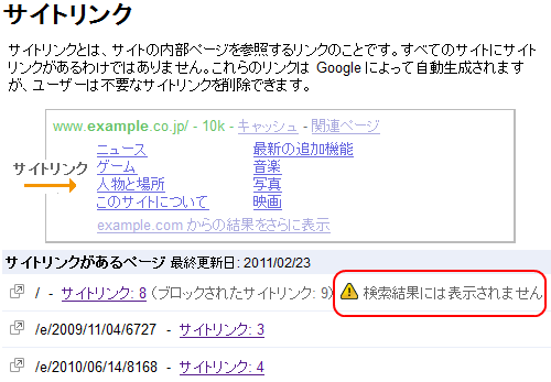 サイトリンクの「検索結果には表示されません」表示