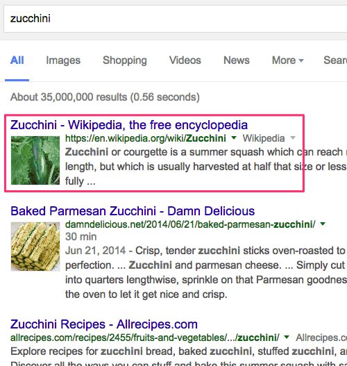 サムネイル画像が表示されるzucchiniの結果