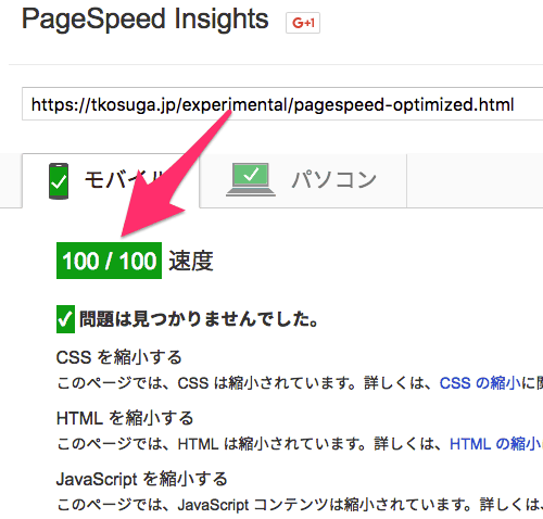 PageSpeed Insightsで100点獲得