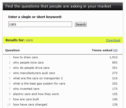 Keyword Questionsでcarsの質問を検索