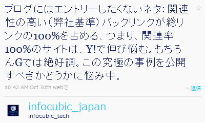 ブログにはエントリーしたくないネタ：関連性の高い（弊社基準）バックリンクが総リンクの100%を占める、つまり、関連率100%のサイトは、Y!で伸び悩む。もちろんGでは絶好調。この究極の事例を公開すべきかどうかに悩み中。