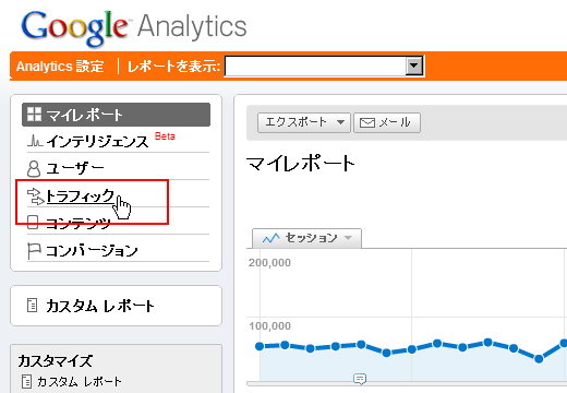 Google Analyticsで「コンテンツ」をクリックする