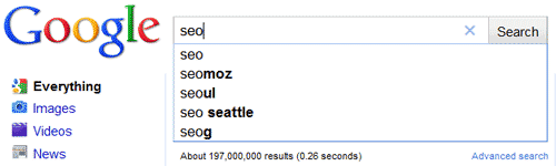 Googleインスタント検索でのSEOmozのクエリ