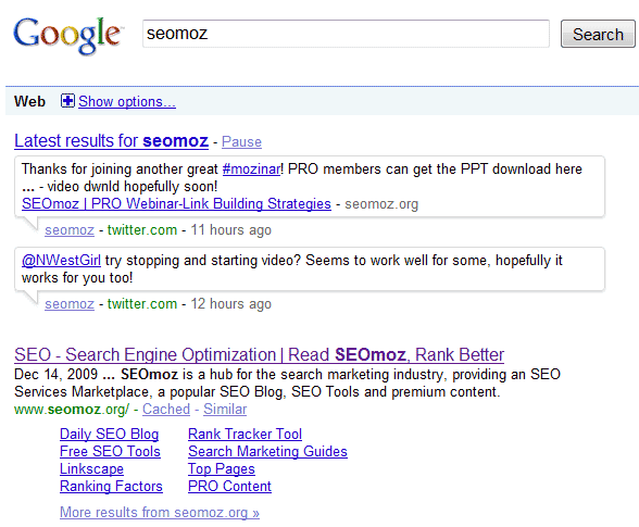 グーグルで「SEOmoz」をリアルタイム検索した結果