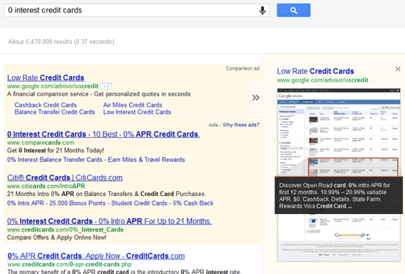 「0% Interest Credit Cards」のSERP