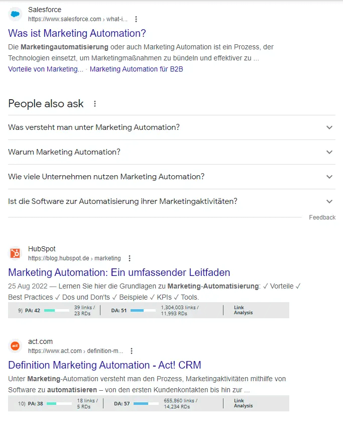 英語のキーワードに相当するドイツ語をドイツで検索した場合のSERPのキャプチャ