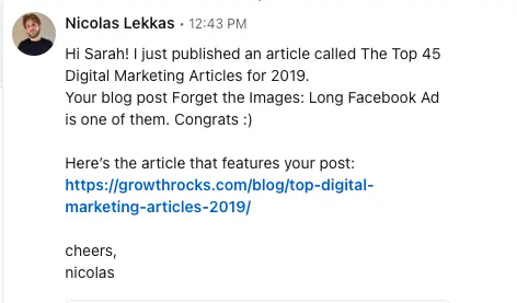 LinkedInのDM：私のブログ記事が2019年のデジタルマーケティング記事トップ45に入った。