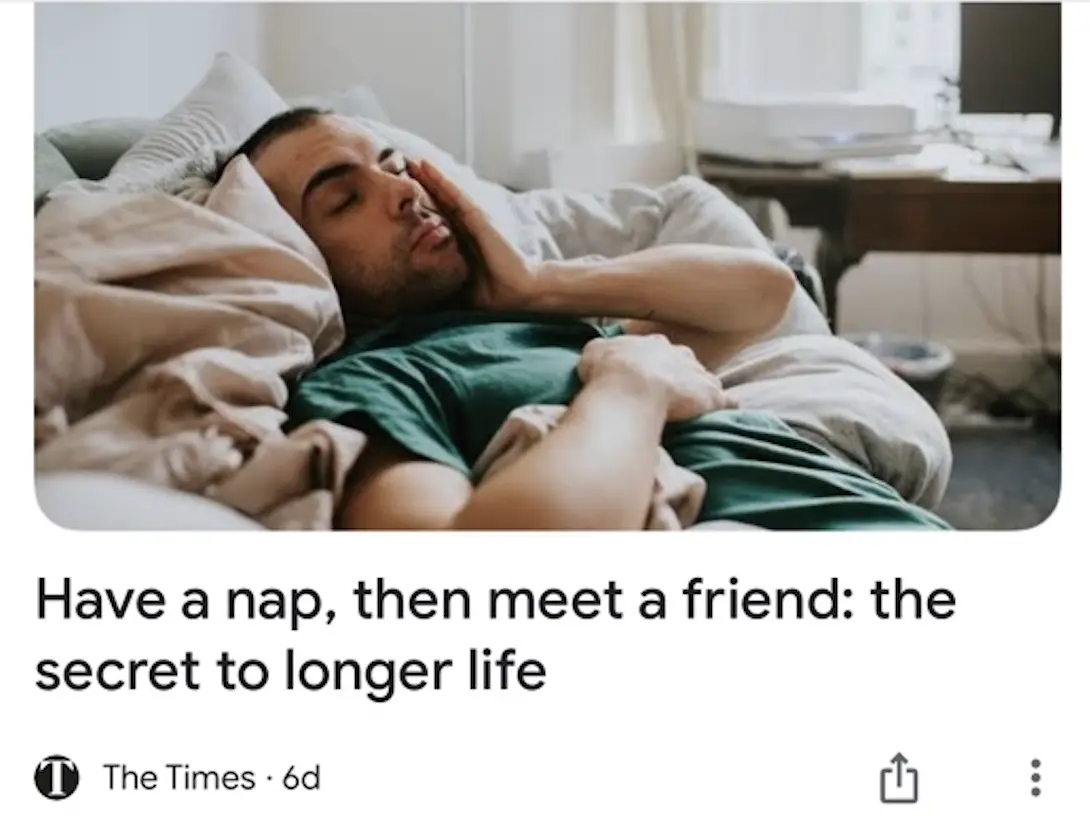 タイムズの記事「友人に会うのは昼寝をしてから： 長生きの秘訣」のスクリーンショット