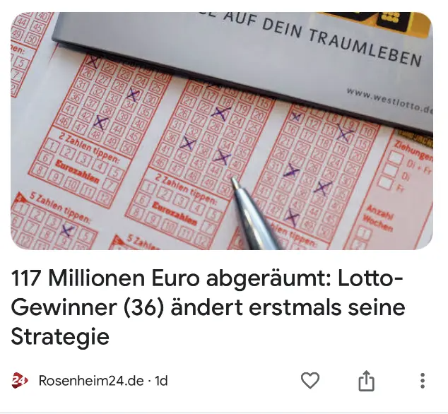 ドイツで公開された記事「1億1700万ユーロ当選： 初めて戦略を変えたロト当選者（36）」