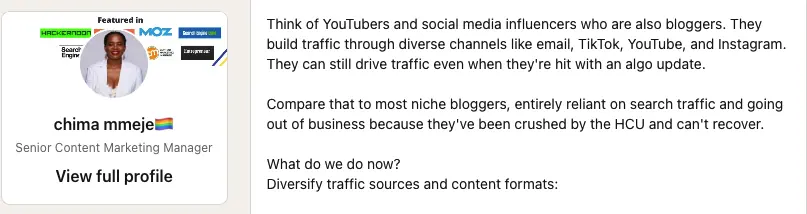 ヘルプフルコンテンツアップデートについてチマ・メジェがLinkedInに投稿した記事のスクリーンショット