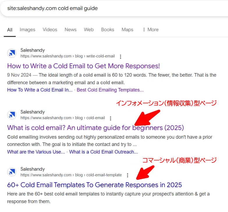 「site:saleshandy.com cold email guide」の検索結果ページ