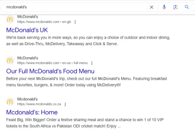 マクドナルドのGoogle検索結果ページ