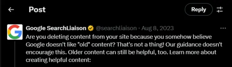 古いコンテンツに関するダニー・サリバン氏のX投稿記事