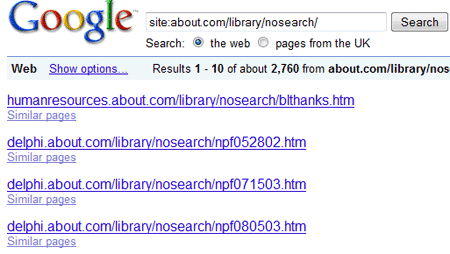 ロボットを排除している「about.com」のURLをグーグルで検索した結果
