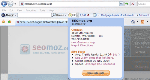 Alexa Toolbar Screenshot with SEOmoz's Info