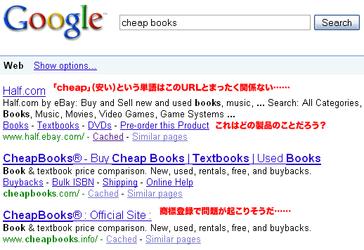 グーグルで「Cheap Books」（安い書籍）を検索した結果