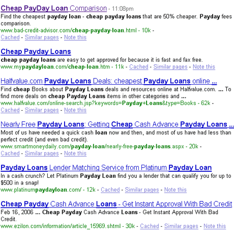 「Cheap Payday Loans」のグーグル検索結果