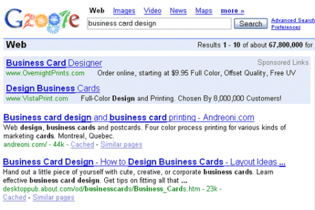 「business card design」（名刺デザイン）をGoogleで検索した結果