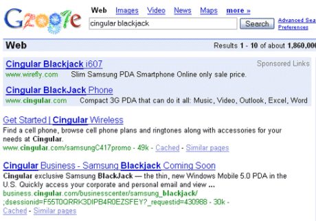「Cingular Blackjack」（新型の携帯電話Cingular Blackjack）をGoogleで検索した結果