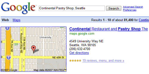 Google Search for Continental Pastry Shop