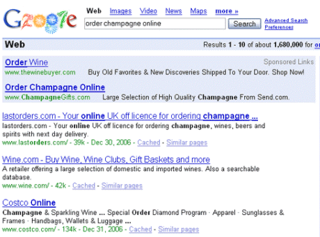 「Order Champagne Online」（シャンパンのオンライン注文）をGoogleで検索した結果