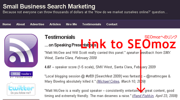 Small Business Search Marketing：推薦の言葉のページ