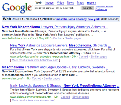 "mesothelioma attorney new york"（中皮種　弁護士　ニューヨーク）に対するグーグルの検索結果