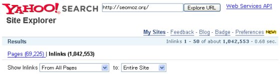 SEOmozへのリンクが100万存在することを示すYahoo! Site Explorerの画面