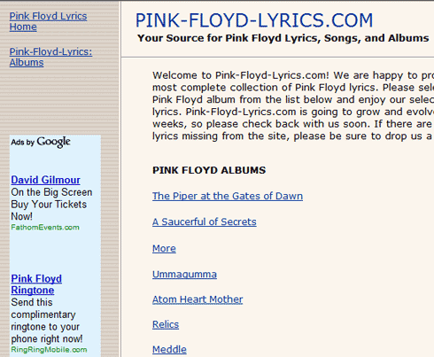 Pink-Floyd-Lyrics.comのコンテンツ連動型広告