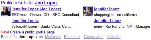 グーグルでジェン・ロペスのプロフィールを検索した結果