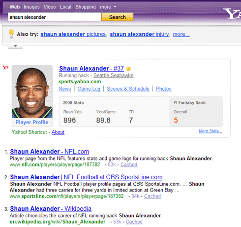 Purple Yahoo!で「Shaun Alexander」を検索したときのページ